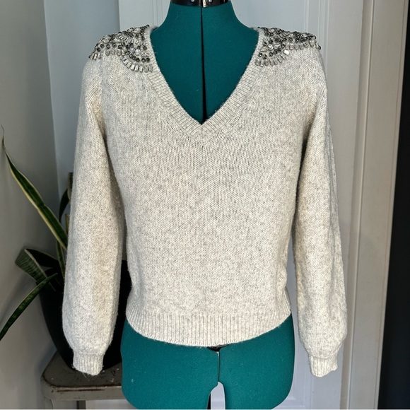 White House, Black market gray V-neck sweater with jewels on the shoulder. - Picture 1 of 13